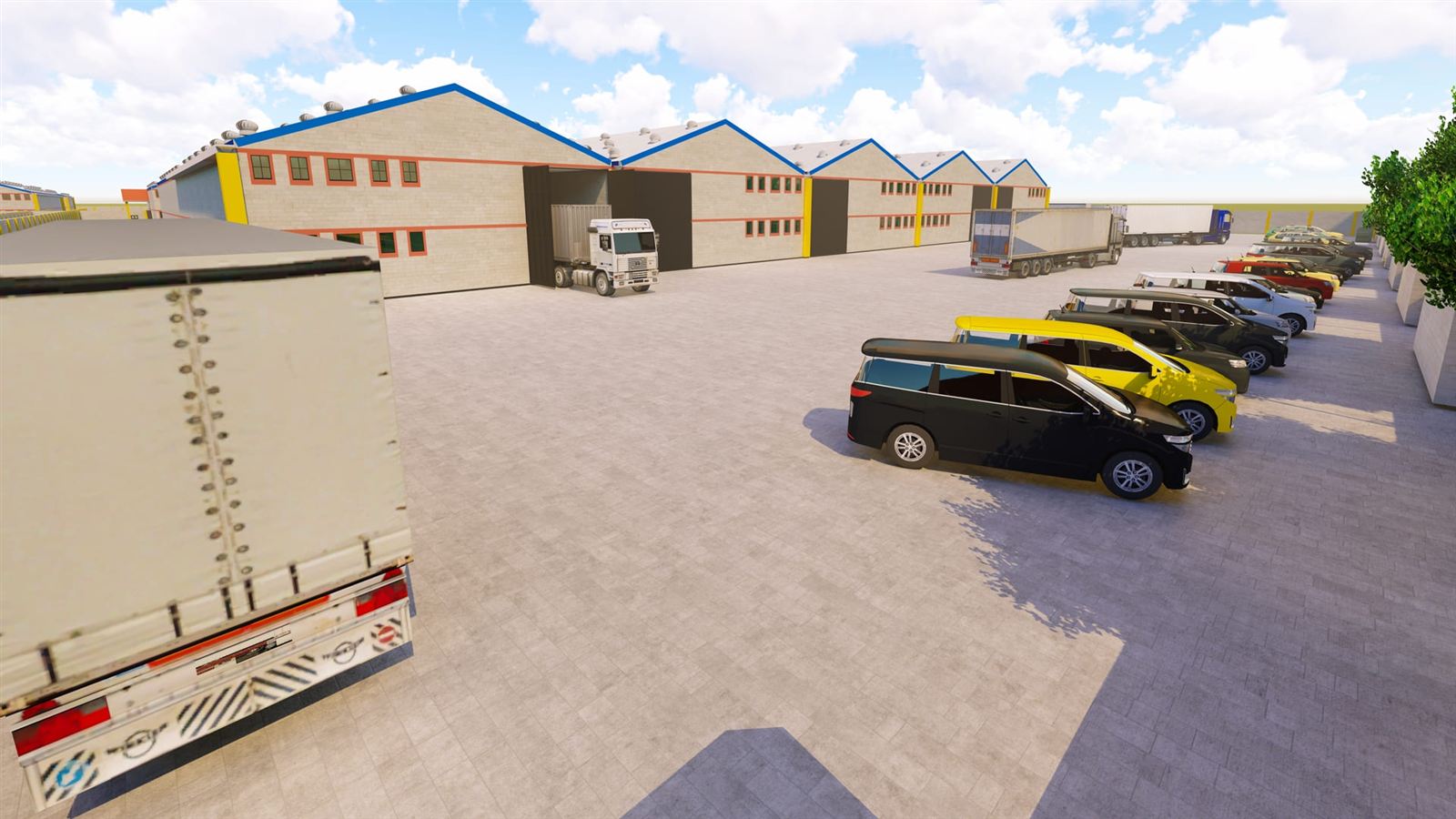 Render of a warehouse park with trucks and parking