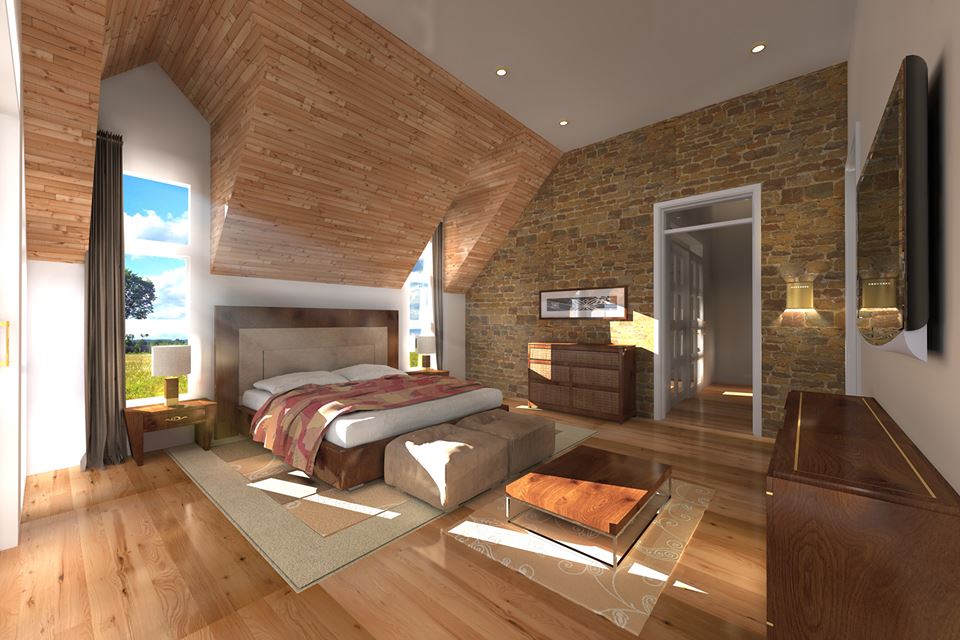 Render of a finished bedroom with a timber ceiling and stone wall